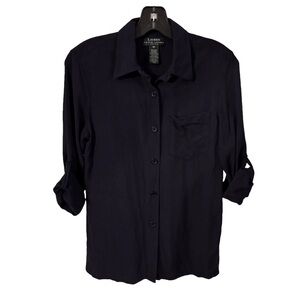 Ralph Lauren Women’s Button Up SILK Shirt Navy Blue Roll Tab Sleeves Sz 4P